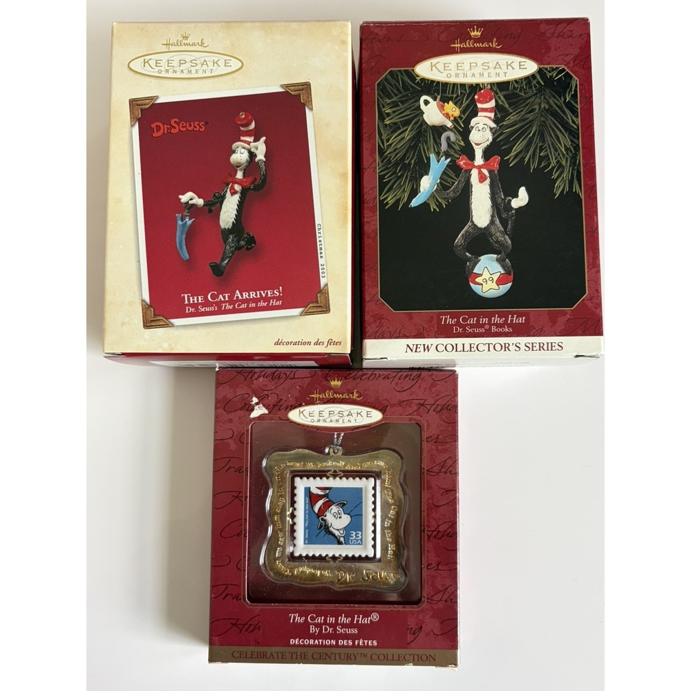 90s y2k VTG 4 Pc LOT Hallmark Dr Seuss Cat in the Hat Arrives Christmas Ornament